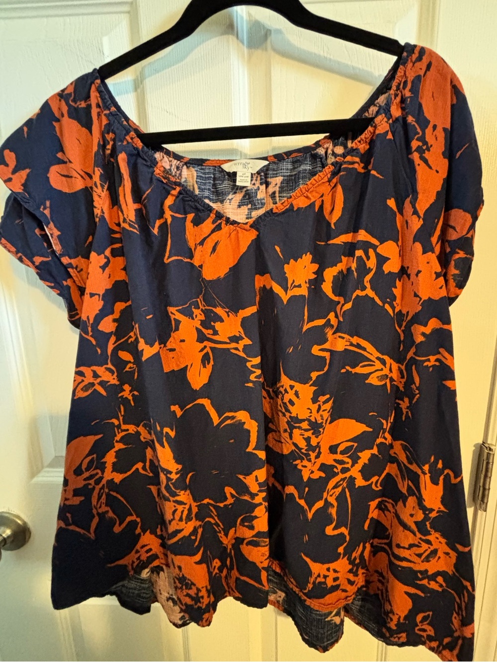 😍Terra & Sky Navy and Orange Floral Scoop Neck Blouse Size 4X